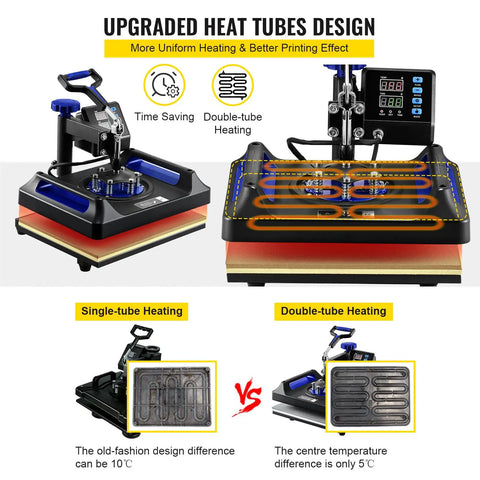 All In One 12 By 15 Inch Heat Press with dual tube heating and digital control, comparison of single vs double tube heating