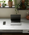 Desktop with laptop on white gray wood peel and stick wallpaper 17.71 inches wide by 32.8 feet long self adhesive vinyl wall covering.