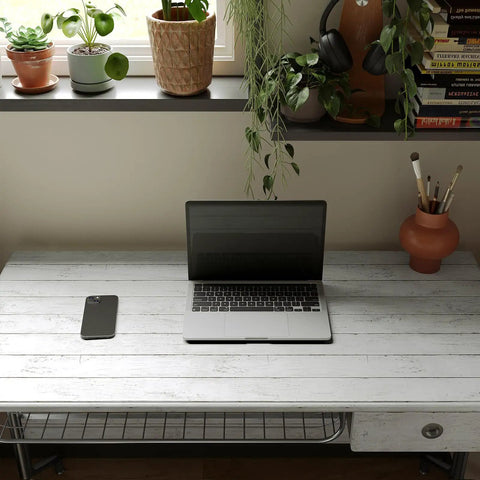 Desktop with laptop on white gray wood peel and stick wallpaper 17.71 inches wide by 32.8 feet long self adhesive vinyl wall covering.