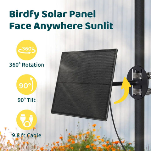 5W Solar Panel For Smart Bird Feeder Camera With Type C Charger, 360 Degree Adjustable Swivel Mount, shown on a pole outdoors