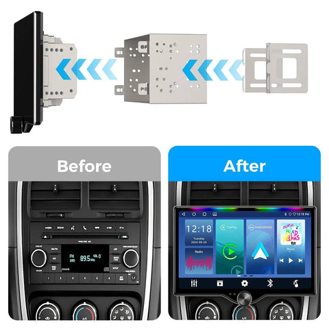 Installation guide for Dope 10.1 Inch QLED Double Din Car Stereo With Wireless CarPlay And Android Auto, before and after comparison