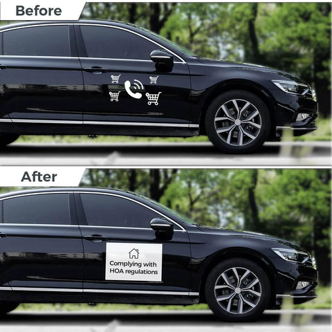 Two Pack 18x12 Inch Car Magnets With 40 Mil Thick Flexible Sheets on a vehicle before and after installation demo