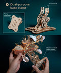 Dual-purpose base stand of 3D Wooden Spaceship Puzzle Kit For Adults, DIY Spacecraft Model Build, showing fixed chuck and holes.
