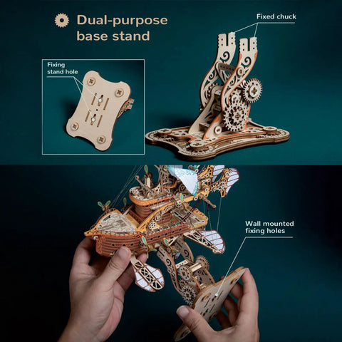 Dual-purpose base stand of 3D Wooden Spaceship Puzzle Kit For Adults, DIY Spacecraft Model Build, showing fixed chuck and holes.