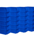 Blue Stackable Plastic Storage Bins 7x4x3 Inch showing a 24-pack stack, durable one-piece design for organizing space.