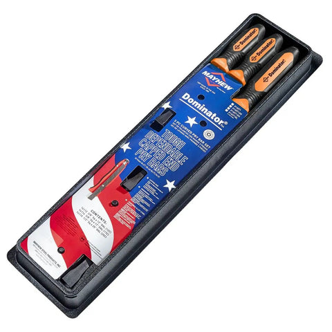 Dominator Pro 3 Piece Pry Bar Set With 12 Inch, 17 Inch And 25 Inch Curved Pry Bars In Orange packaging shown in a black tray.