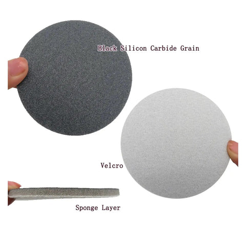 Preview of Six Pack 5 Inch Sponge Sanding Discs With Peel And Switch Backing For Easy Swap and Dust Vent Holes, showing black silicone and gray pads.