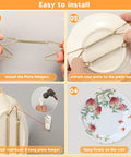 Set Of Seven Invisible Plate Hangers For Wall Display Featuring Stainless Steel Hooks In Four Six Eight Ten And Twelve Inch Sizes No Sweat Setup To Show Off Your Decor Built Tough, installation instructions with hands attaching plate.