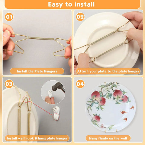 Set Of Seven Invisible Plate Hangers For Wall Display Featuring Stainless Steel Hooks In Four Six Eight Ten And Twelve Inch Sizes No Sweat Setup To Show Off Your Decor Built Tough, installation instructions with hands attaching plate.