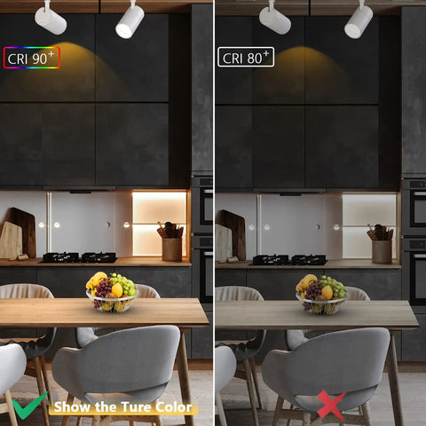Comparison of Three Color Temp 20W H Track Lighting Heads, Dimmable No Flicker LED Fixtures CRI90 Plus vs CRI80 in kitchen