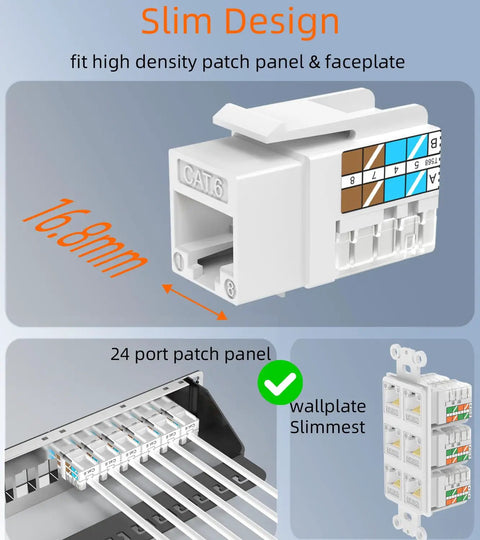 RJ45 Keystone Jack Cat6 10G Ready Slim 90 Degree UTP Keystone Jacks 25 Pack for wall plate and patch panel installed