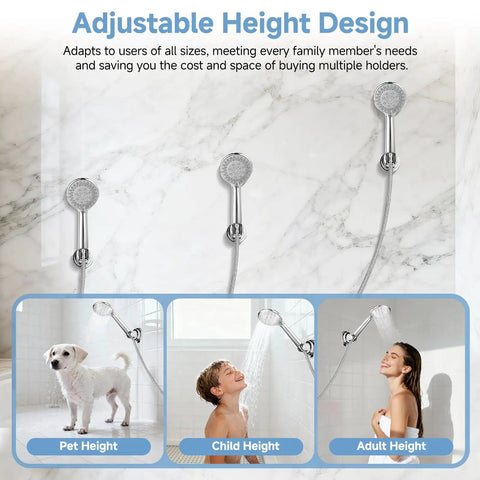 Adjustable Removable Shower Head Holder For Bathroom With No Drill Suction Cup Bracket shown at pet, child, adult heights on tile