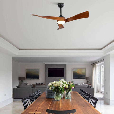 52" Modern Wood Ceiling Fan with Dimmable LED Light, 6 Speed Energy Saving Reversible DC Ceiling Fan with Remote in living room.