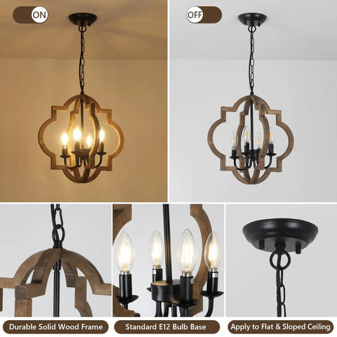 Dope Farmhouse Chandelier 4-Light Pendant Light For Dining Room Table Rustic White Distressed Wood Orb With Black Sockets
