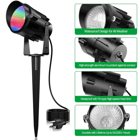 Outdoor RGB LED Flood Lights With Stakes 12W Color Changing Landscape Lighting 120V Plug In Waterproof design with remote