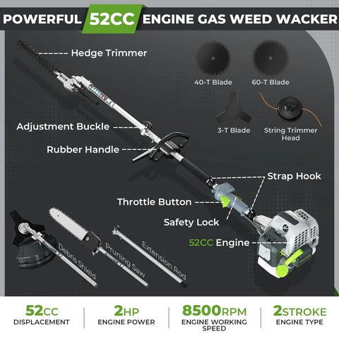 Image of Six In One Beast Of A Gas Powered Weed Wacker Kit With 52cc 2 Stroke Engine, showing parts and features of the tool.