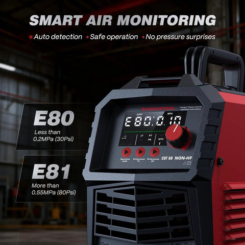Close-up of 60Amp Non HF Plasma Cutter Dual Voltage 110V 220V With Large LED Display and smart air monitoring system