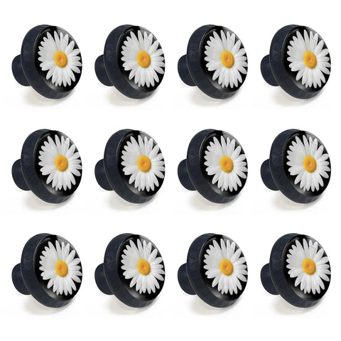 12 Pack White Daisy Cabinet Knobs With Bright Yellow Center On Matte Black Base For Kitchen And Bathroom Drawers