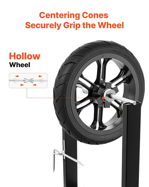 Motorcycle Wheel Balancer And Truing Stand With Adjustable Centering Cones And Truing Pointer For Sport And Dirt Bikes Fits Hollow Axle Wheels