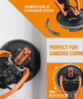 Electric Drywall Sander With Vacuum Dust Collection showing removable chassis edge and 360-degree rotation for corners.