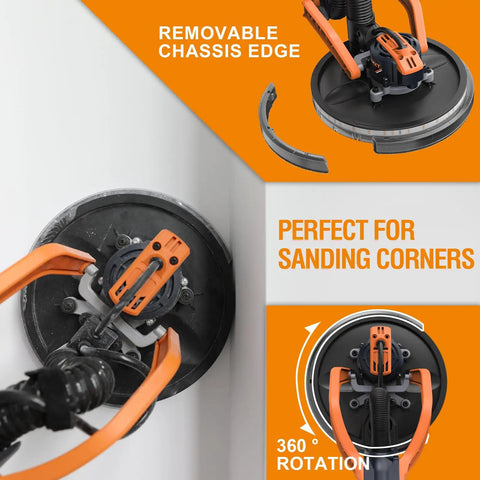 Electric Drywall Sander With Vacuum Dust Collection showing removable chassis edge and 360-degree rotation for corners.