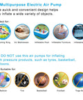 Infographic showing uses and restrictions for Inflatable Air Pump For Beds And Pools, including inflatables and non-suitable items.