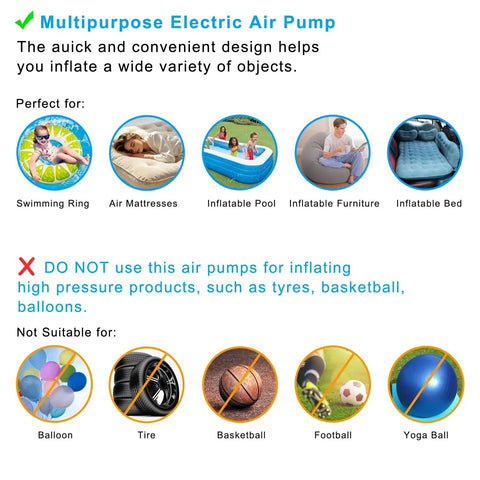 Infographic showing uses and restrictions for Inflatable Air Pump For Beds And Pools, including inflatables and non-suitable items.