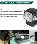 Pressure Switch With Unloader And Four Port On Off Lever 135 To 175 PSI For Five HP Reciprocating Air Compressors 2340 2475 2545 7100 Replacement Part Built Tough For Heavy Duty Use Premium Replacement Part Fits 2340 2475 2545 And 7100 Models, showing black and silver unloader valve with 4-port manifold and pressure gauge connections.