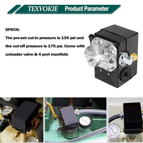 Pressure Switch With Unloader And Four Port On Off Lever 135 To 175 PSI For Five HP Reciprocating Air Compressors 2340 2475 2545 7100 Replacement Part Built Tough For Heavy Duty Use Premium Replacement Part Fits 2340 2475 2545 And 7100 Models, showing black and silver unloader valve with 4-port manifold and pressure gauge connections.