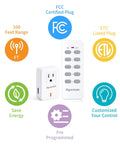 Wireless Remote Control Outlet For Home Appliances with FCC and ETL logos, remote, and plug showcasing design and features.