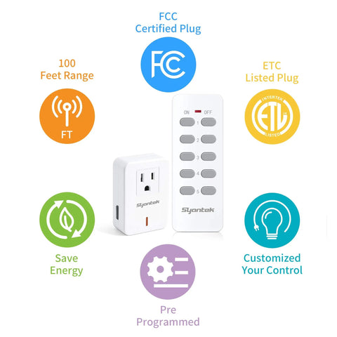 Wireless Remote Control Outlet For Home Appliances with FCC and ETL logos, remote, and plug showcasing design and features.
