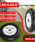 Flat Free 14.5 Inch Wheelbarrow Tire And Wheel Replacement for Garden Carts and Dollies showing dimensions and details.