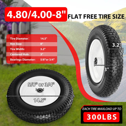 Flat Free 14.5 Inch Wheelbarrow Tire And Wheel Replacement for Garden Carts and Dollies showing dimensions and details.