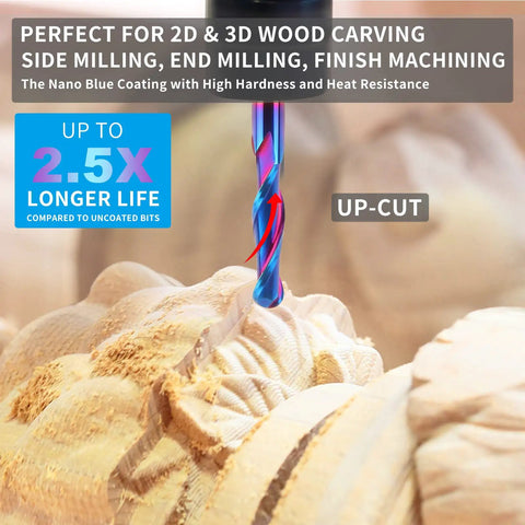 Quarter Inch Shank Carbide Ball Nose End Mill Set cutting wood with Nano Blue Coating during side milling process