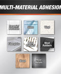 Multi-material adhesion chart showing surfaces: ceramic, glass, vinyl, fiberglass, plastics, rubbers, wood, and metals.
