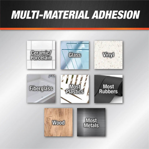 Multi-material adhesion chart showing surfaces: ceramic, glass, vinyl, fiberglass, plastics, rubbers, wood, and metals.