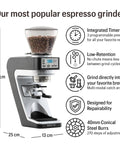 Top Tier Conical Burr Coffee Grinder With Smart Dosing Controls And Customizable Grind Settings To Make Your Daily Brew Routine Hit Different, 41cm tall, with integrated timer and low-retention design.