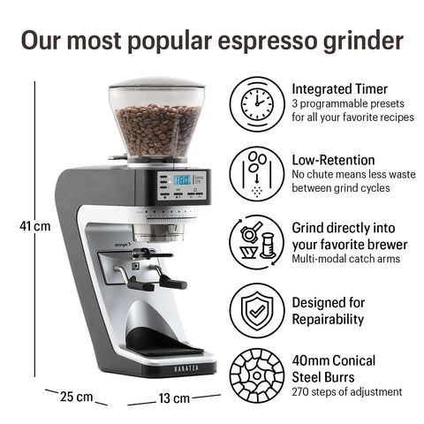 Top Tier Conical Burr Coffee Grinder With Smart Dosing Controls And Customizable Grind Settings To Make Your Daily Brew Routine Hit Different, 41cm tall, with integrated timer and low-retention design.