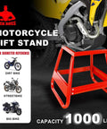 Universal Dirt Bike Stand Lift With 1000 Lb Capacity Removable Maintenance Jack in red under yellow motorcycle