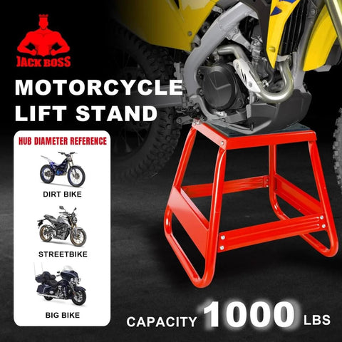 Universal Dirt Bike Stand Lift With 1000 Lb Capacity Removable Maintenance Jack in red under yellow motorcycle