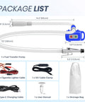 Front view: Nitigo blue electric fuel transfer pump with 72in hose; includes cables, manual, storage bag.