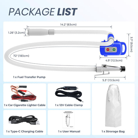 Front view: Nitigo blue electric fuel transfer pump with 72in hose; includes cables, manual, storage bag.