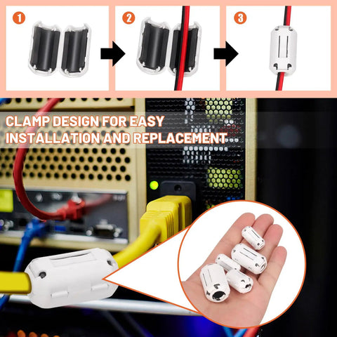 Clip On Ferrite Ring Core EMI RFI Noise Suppressor Cable Clips Set 28 Pcs For 3 5 7 9 13 Millimeter Diameter Cables White 5 Size Kit Durable Plastic Shell With High Magnetic Permeability For Audio And Data Lines demonstrating installation