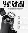 Top Shelf 80Mm Stainless Steel Flat Burr Coffee Grinder showing 80mm steel burrs and quick-release design for easy cleaning.