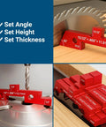 14-Piece Aluminum Alloy Table Setup Blocks For Woodworking next to a saw blade, showcasing height and thickness settings.