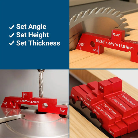 14-Piece Aluminum Alloy Table Setup Blocks For Woodworking next to a saw blade, showcasing height and thickness settings.