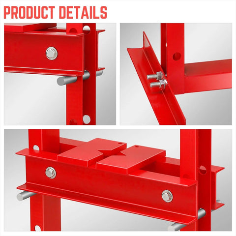 DNA Motoring 6-ton hydraulic H-frame shop press, red steel frame with mounting plates.