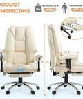 All Day Comfort Massage And Heated Office Chair With Foot Rest, Ergonomic, Beige, dimensions view showing height and width.