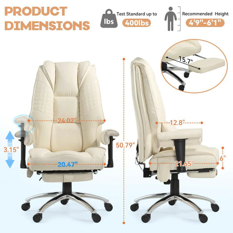All Day Comfort Massage And Heated Office Chair With Foot Rest, Ergonomic, Beige, dimensions view showing height and width.