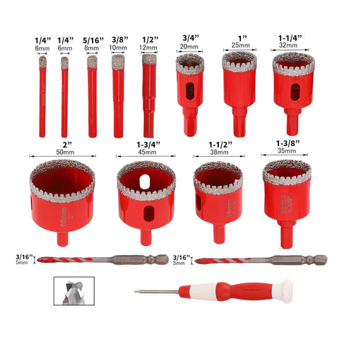 Premium 12 Piece Hole Saw Kit For Tile And Glass Core Drill Bits With Vacuum Brazed Edges Perfect For Marble Granite And Hard Surfaces Plus Extra Serrated Bits And EVA Locating Mold In Tough Case. 12 red diamond hole saw bits and pilot drills, 6-50mm
